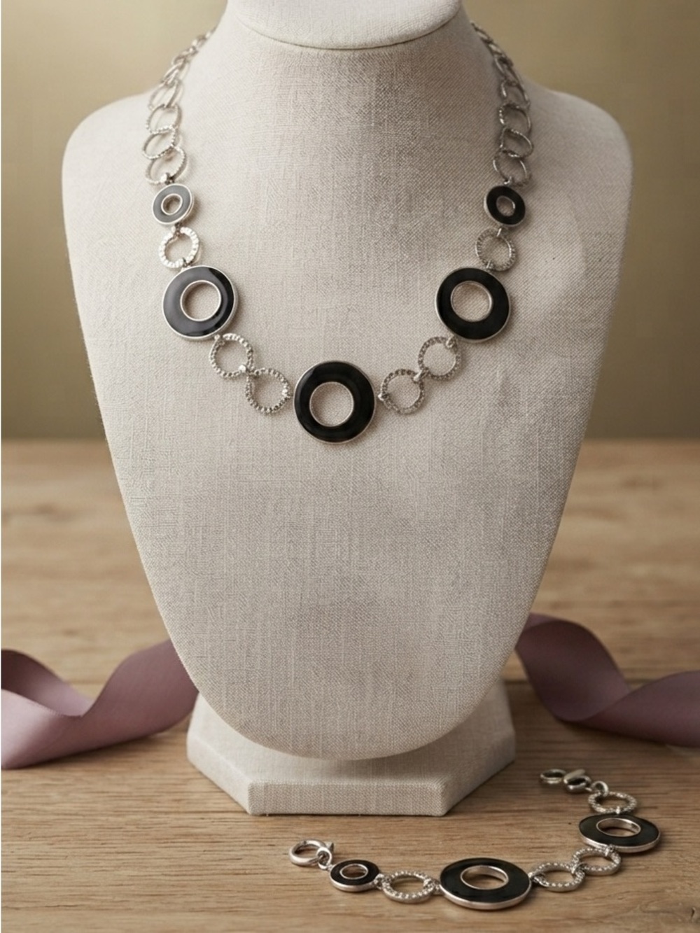Signed Bd Modernist Black Enamel Silver Tone Statement Necklace & Bracelet